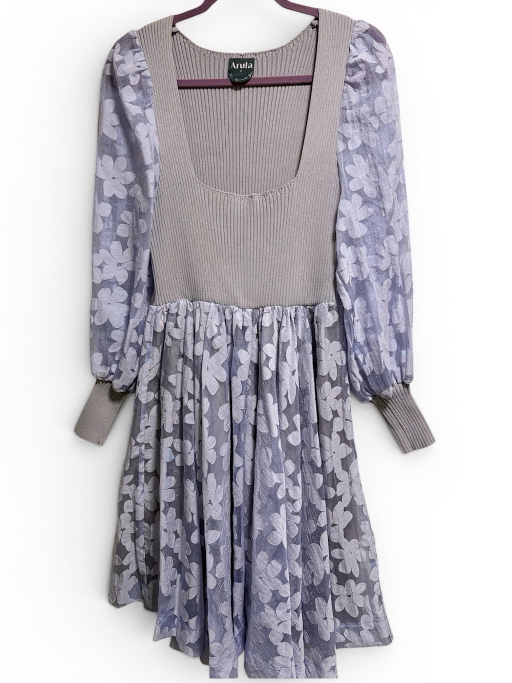 Arula Lavender Floral Puff-Sleeve Knit Dress Size X - 10/12